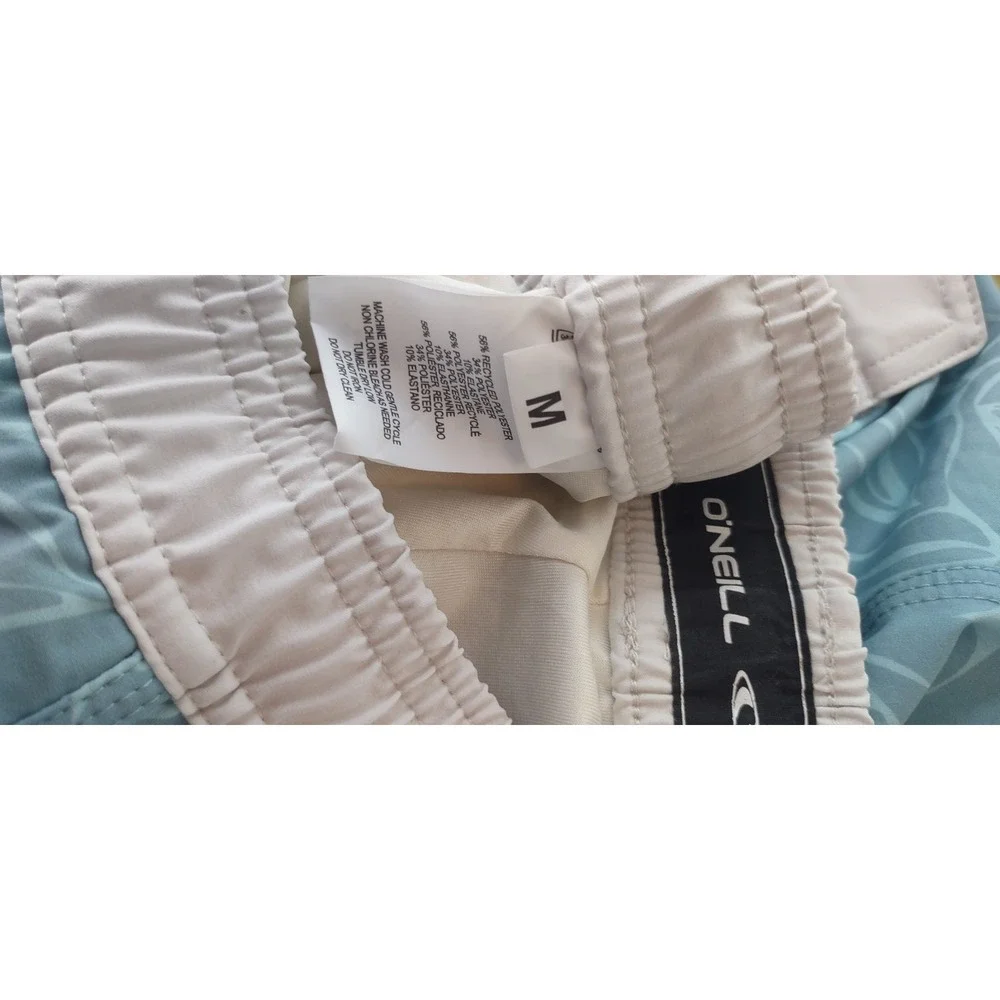 O'Neill Men's M Blue White Tropical Swim Trunks Elastic Waist Back Pocket